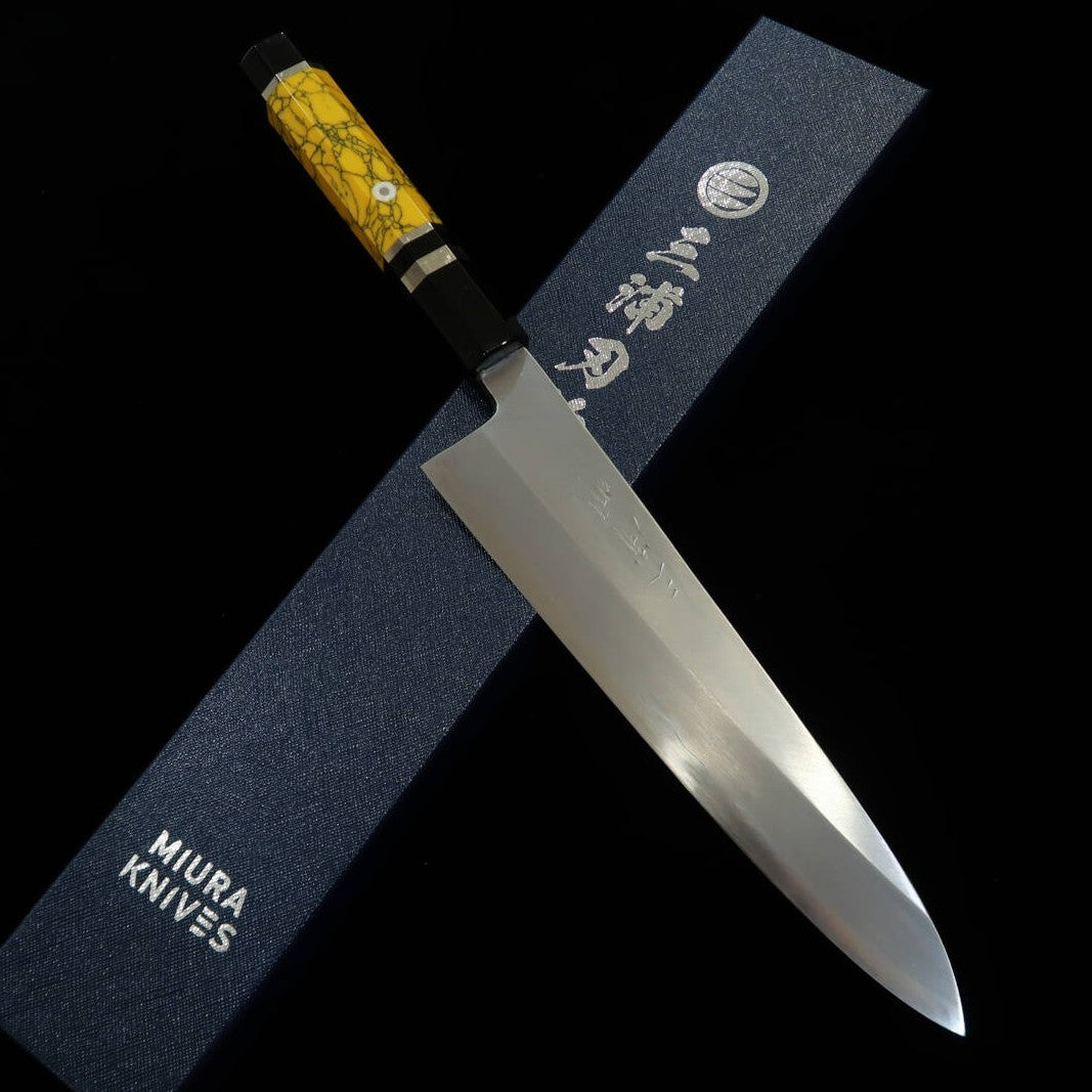 三浦佩 MIURA Obidama 片刃牛刀 銀紙三号 木砥仕上げ イエローカスタムハンドル  (240mm)