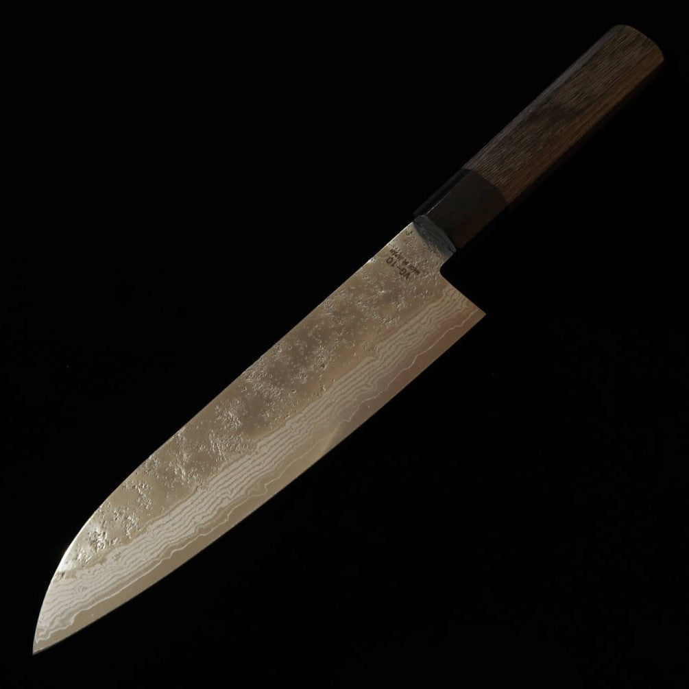 HIGUCHI Santoku VG10, damasco de 8 camadas, acabamento nashiji, cabo em laminado cinza (180 mm)