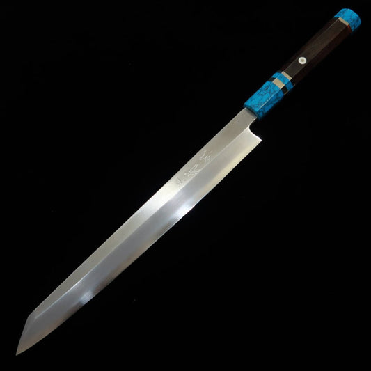 三浦佩MIURA Obidama 切付柳刃 左利き用 銀紙三号 木砥仕上げ ターコイズハンドル （300ｍｍ）