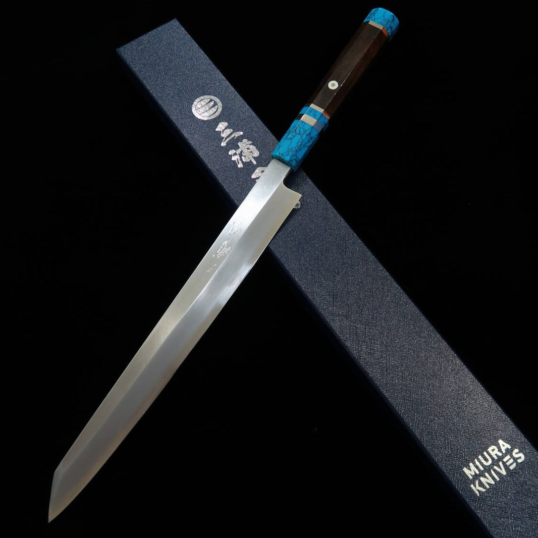 Miura佩 MIURA Obidama Kiritsuke Yanagiba Gaucher Gin-san n°3 Finition bois de polissage Manche turquoise (300 mm)