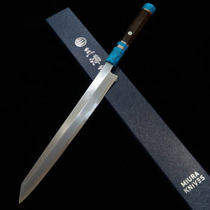 Kiritsuke Yanagiba MIURA OBIDAMA Nakagawa Satoshi, Ginsan acabado pulido, mango de madera estabilizada, para zurdos (300mm)