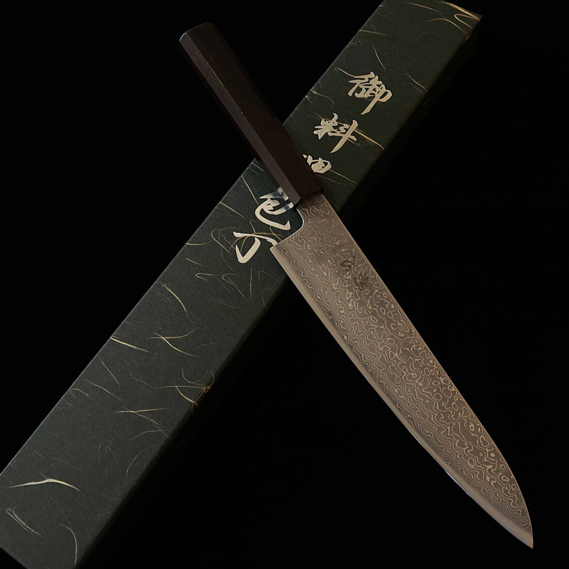 HATSUKOKORO Shoshin Gyuto VG10 Damasco com níquel Cabo octogonal em ébano (210 mm)