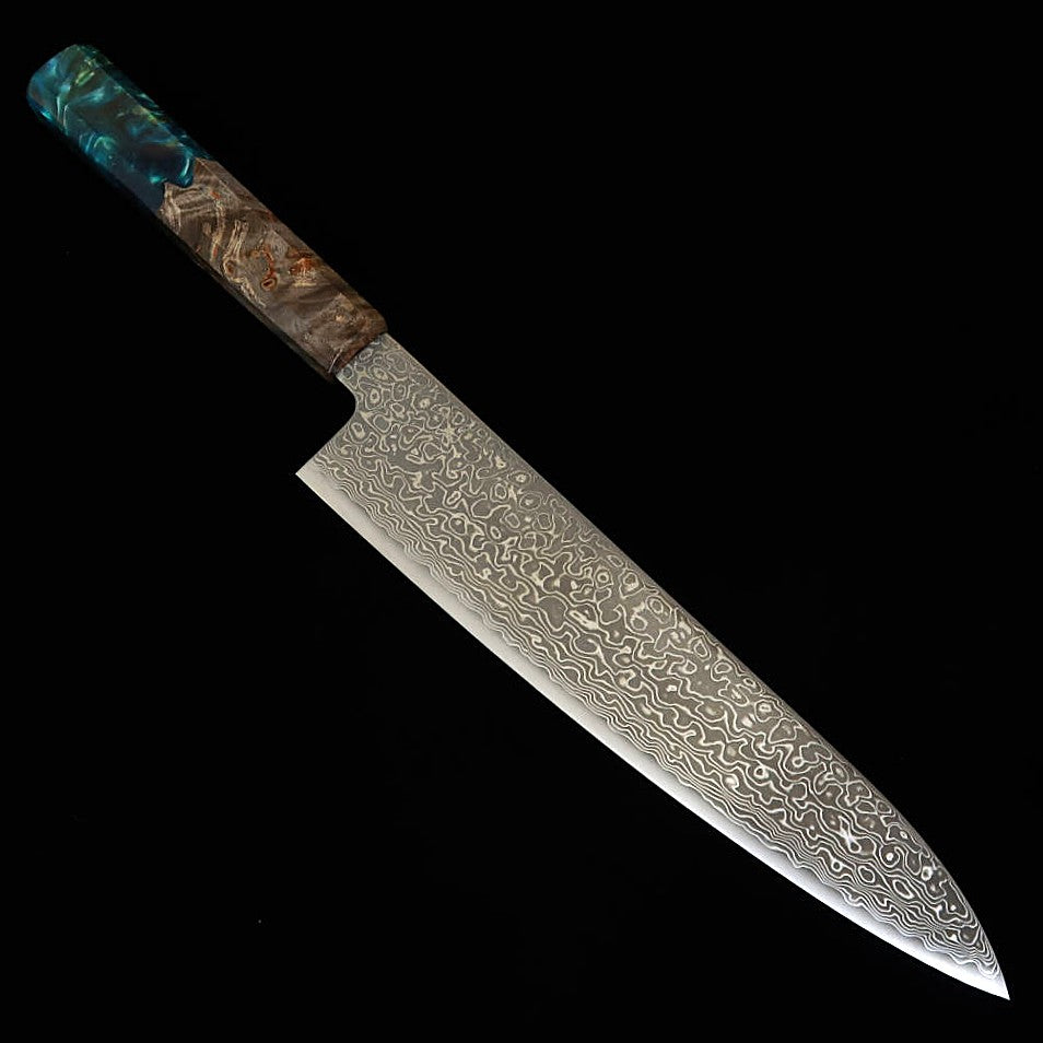三浦MIURA 牛刀 VG10 鎚目 ニッケルダマスカス 黒スタビライズ青緑樹脂柄（210mm）