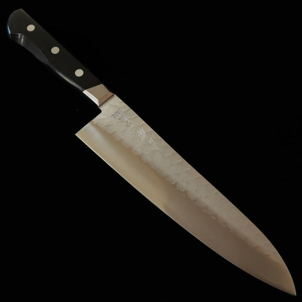 Minamoto Kotetsu Gyuto Acero Yasugi Aogami #2 Acabado nacarado Con guarda Mango laminado negro (200 mm)