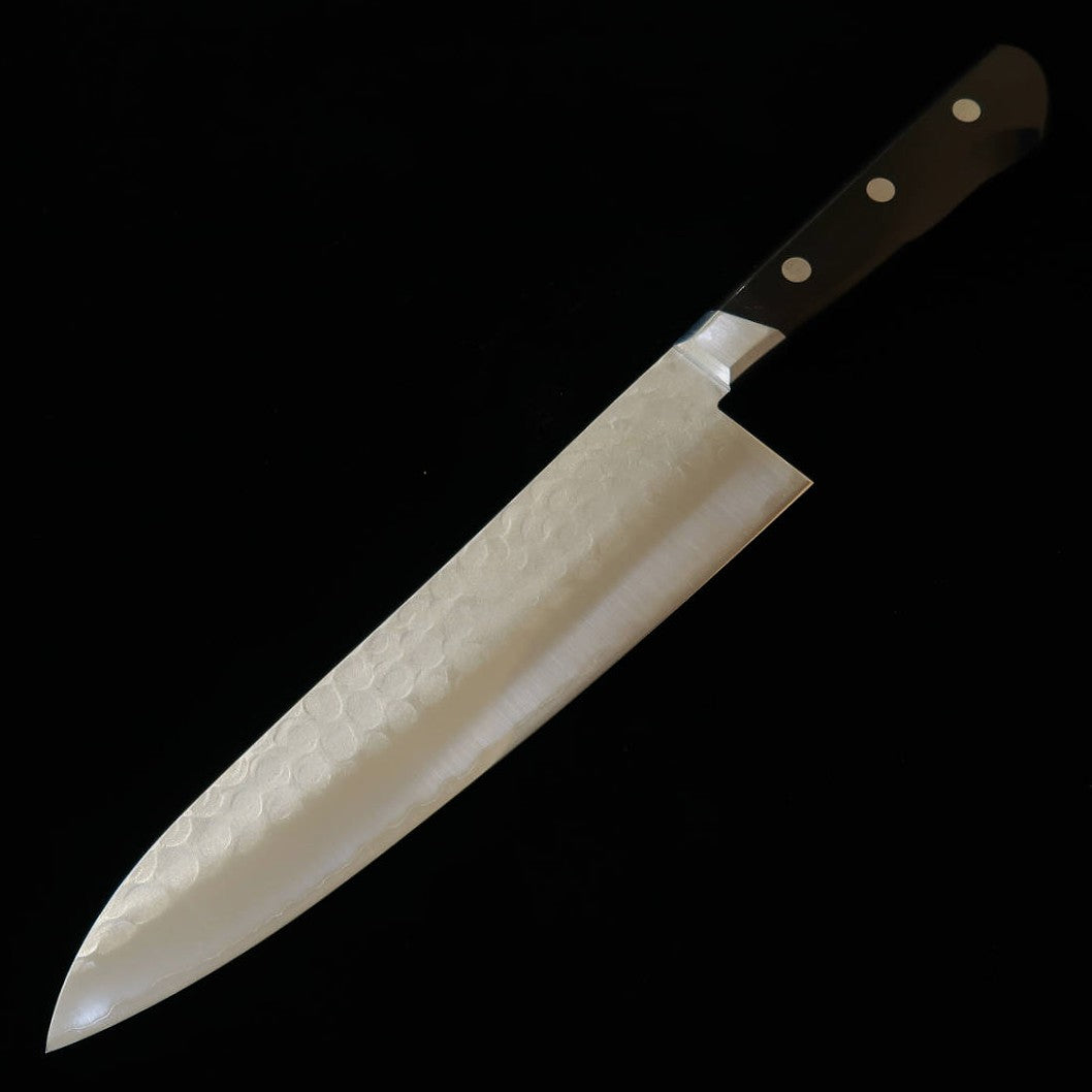Minamoto Kotetsu Gyuto (Chef Knife) - Aogami #2 Steel - Nashiji Finish - with Bolster - Black Plywood Handle (200mm)