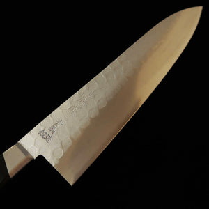 Minamoto Kotetsu Gyuto (Chef Knife) - Aogami #2 Steel - Nashiji Finish - with Bolster - Black Plywood Handle (200mm)