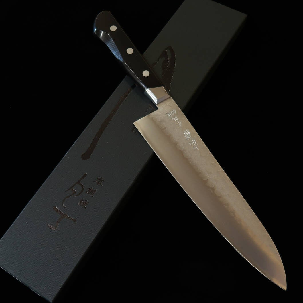 Minamoto Kotetsu Gyuto Acero Yasugi Aogami #2 Acabado nacarado Con guarda Mango laminado negro (200 mm)