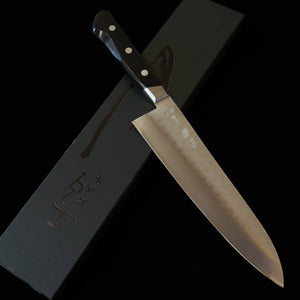 Minamoto Kotetsu Gyuto (Chef Knife) - Aogami #2 Steel - Nashiji Finish - with Bolster - Black Plywood Handle (200mm)