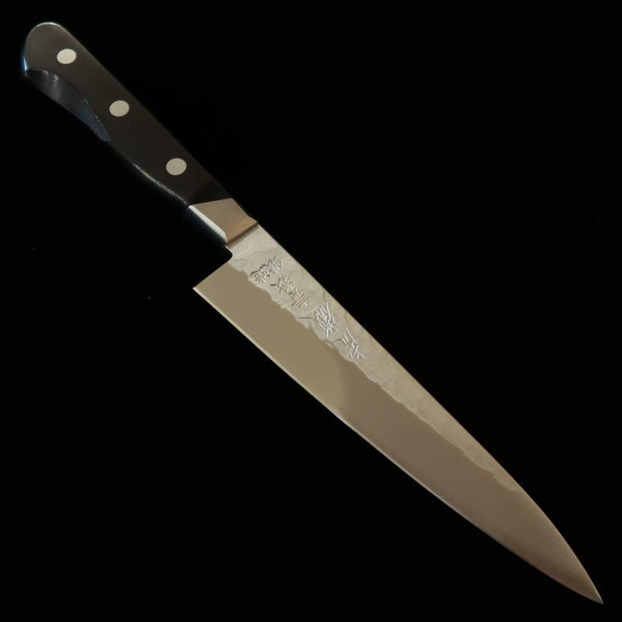 Minamoto Kotetsu Petty Yasugi Aogami nº2 acabado Nashiji con guarda mango laminado negro (135 mm)