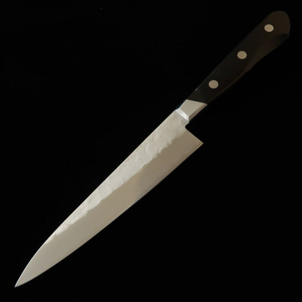 Gen Kotetsu – Petty aço Yasugi Aço Azul nº 2, acabamento Nashiji, com guarda, cabo em laminado preto (135 mm)