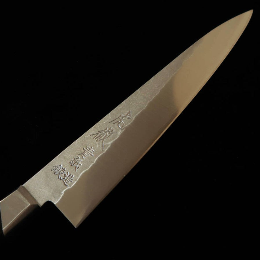 Gen Kotetsu – Petty aço Yasugi Aço Azul nº 2, acabamento Nashiji, com guarda, cabo em laminado preto (135 mm)