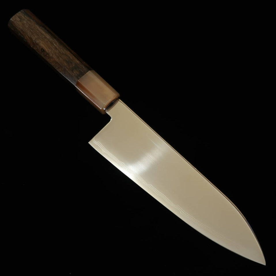 Couteau Santoku Miura (170 mm) – Acier Gingami 3 Damas poli miroir, manche en persimmon noir et mitre en corne de buffle blanche