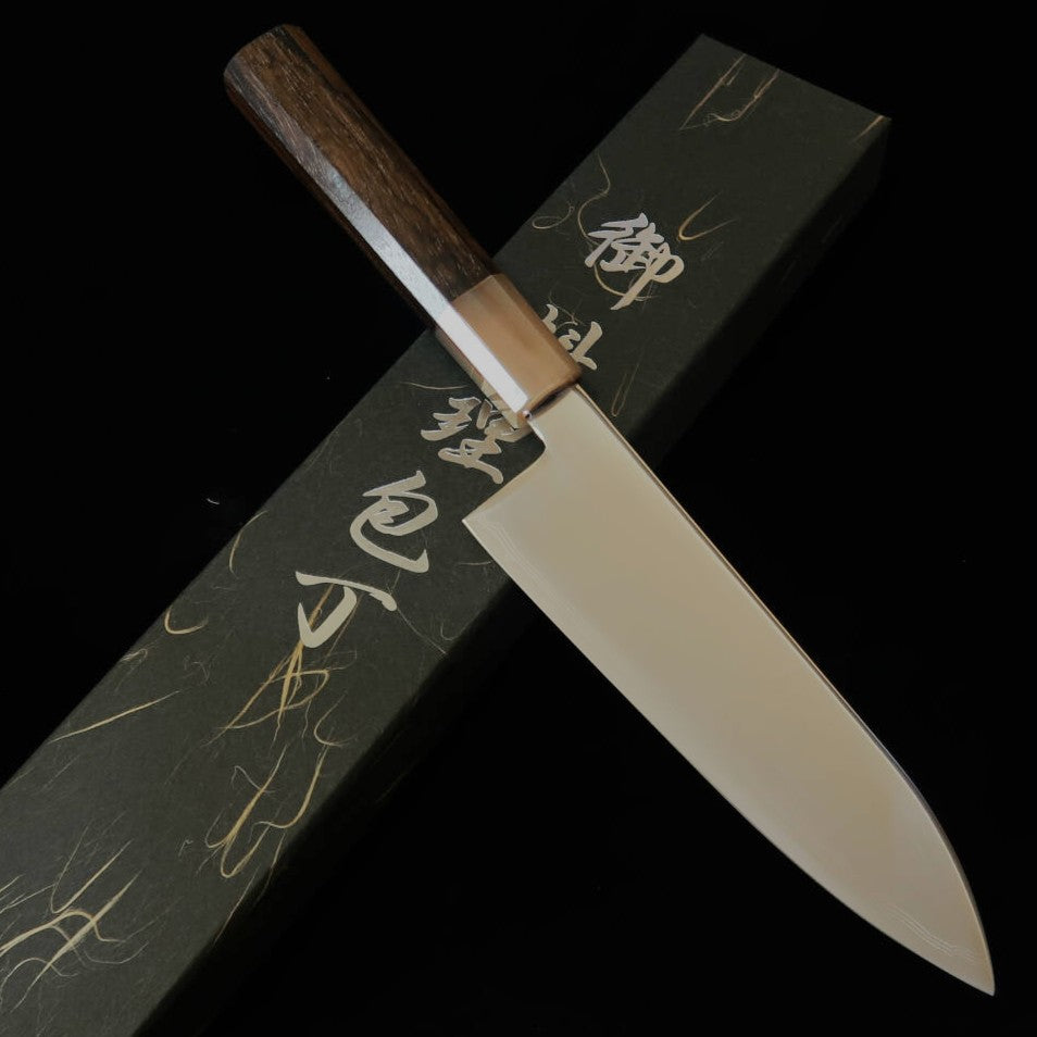 Couteau Santoku Miura (170 mm) – Acier Gingami 3 Damas poli miroir, manche en persimmon noir et mitre en corne de buffle blanche