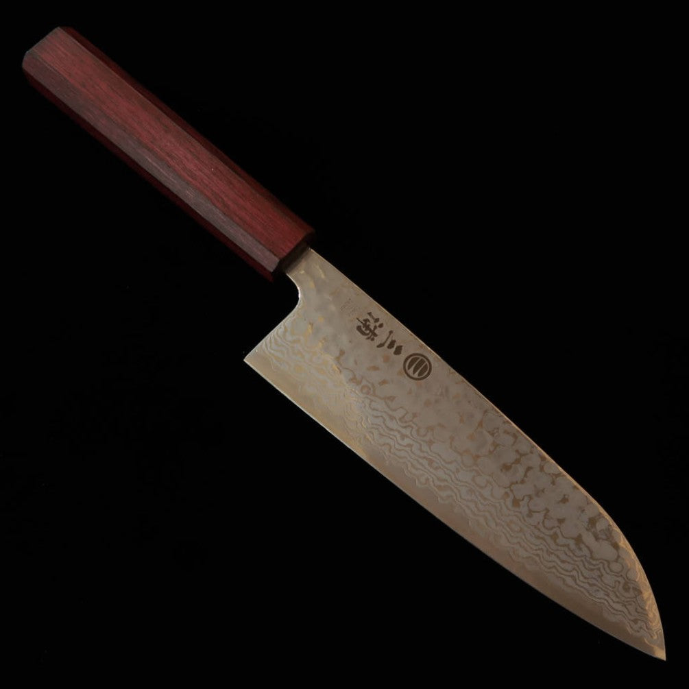 MIURA Santoku Gingami n°3, damas blanc, martelé, manche “Sanmurasaki” (165 mm)