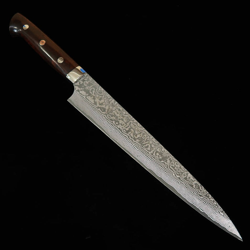Saji Takeshi sujihiki R2, damasco escurecido, cabo de ironwood (240/270 mm)