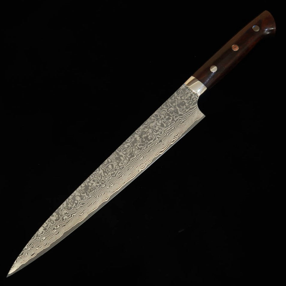 Saji Takeshi sujihiki R2, damasco escurecido, cabo de ironwood (240/270 mm)