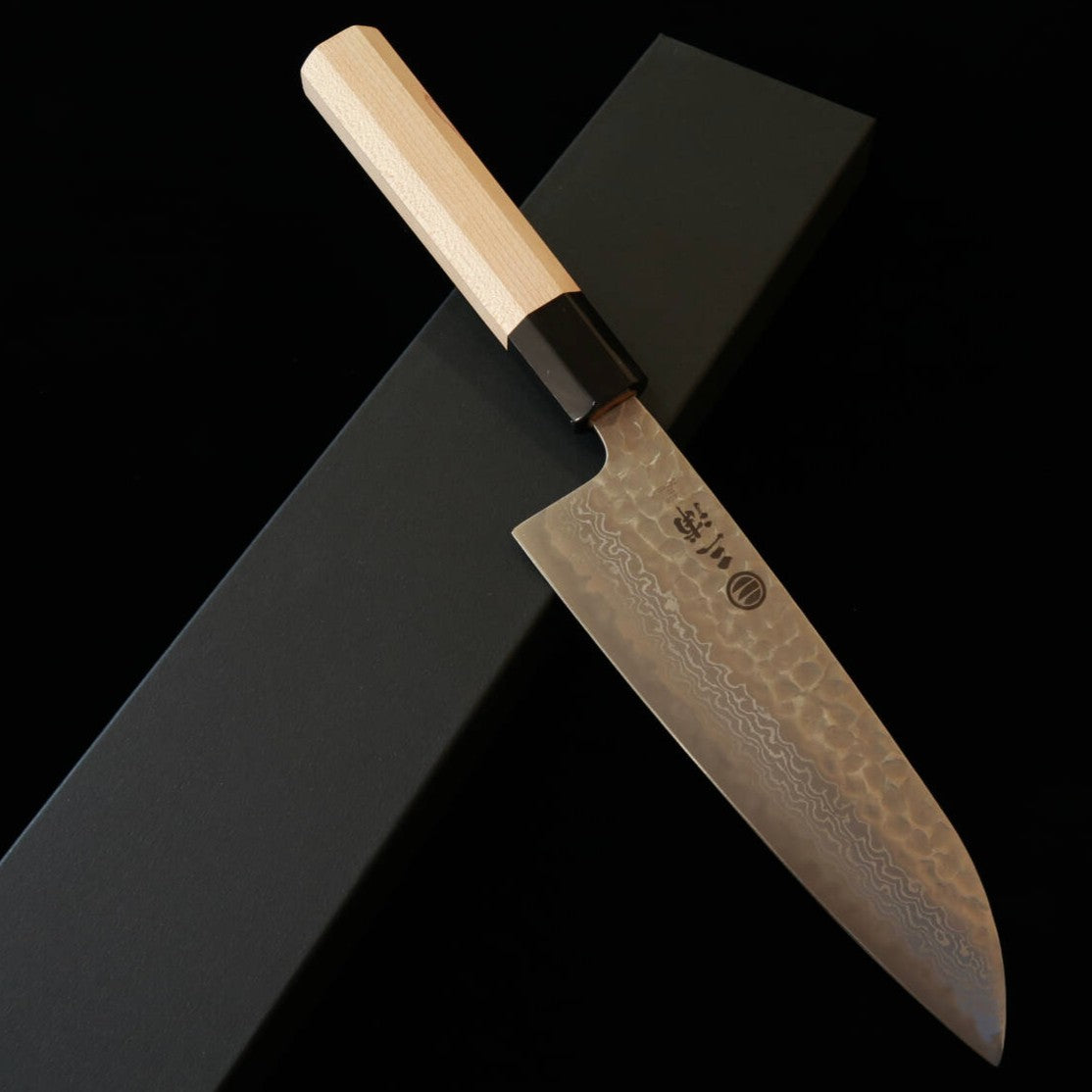 三浦MIURA 三徳 銀紙三号 マット ダマスカス メープル水牛八角柄（165mm）