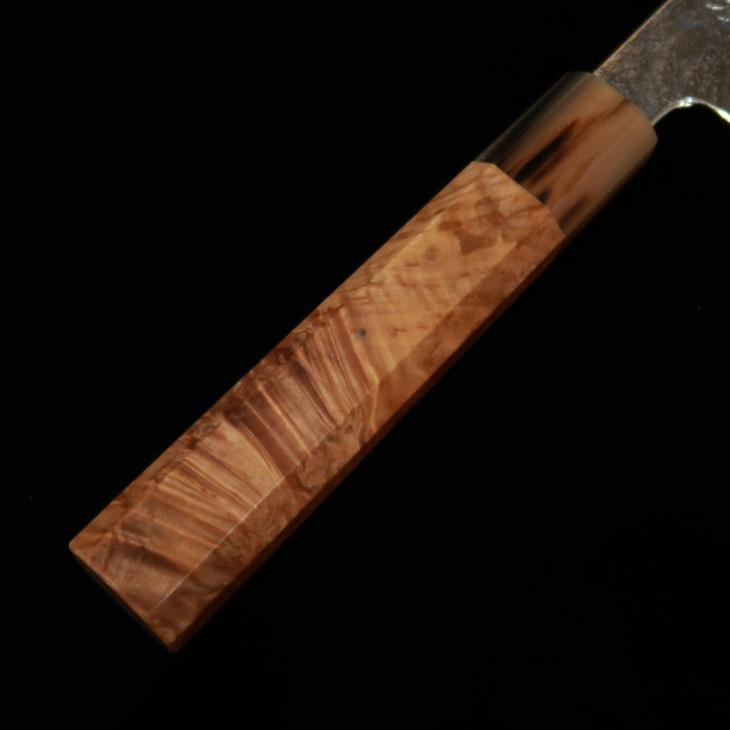 Couteau Kiritsuke Santoku Enkyu (180 mm) – Série Homuraguomo, acier SG2 Damas, manche octogonal en loupe de coing et mitre en corne de buffle