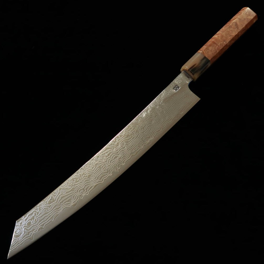 Couteau Kiritsuke Sujihiki Enkyu (270 mm) – Série Homuraguomo, acier SG2 Damas, manche octogonal en loupe de coing et mitre en corne de buffle