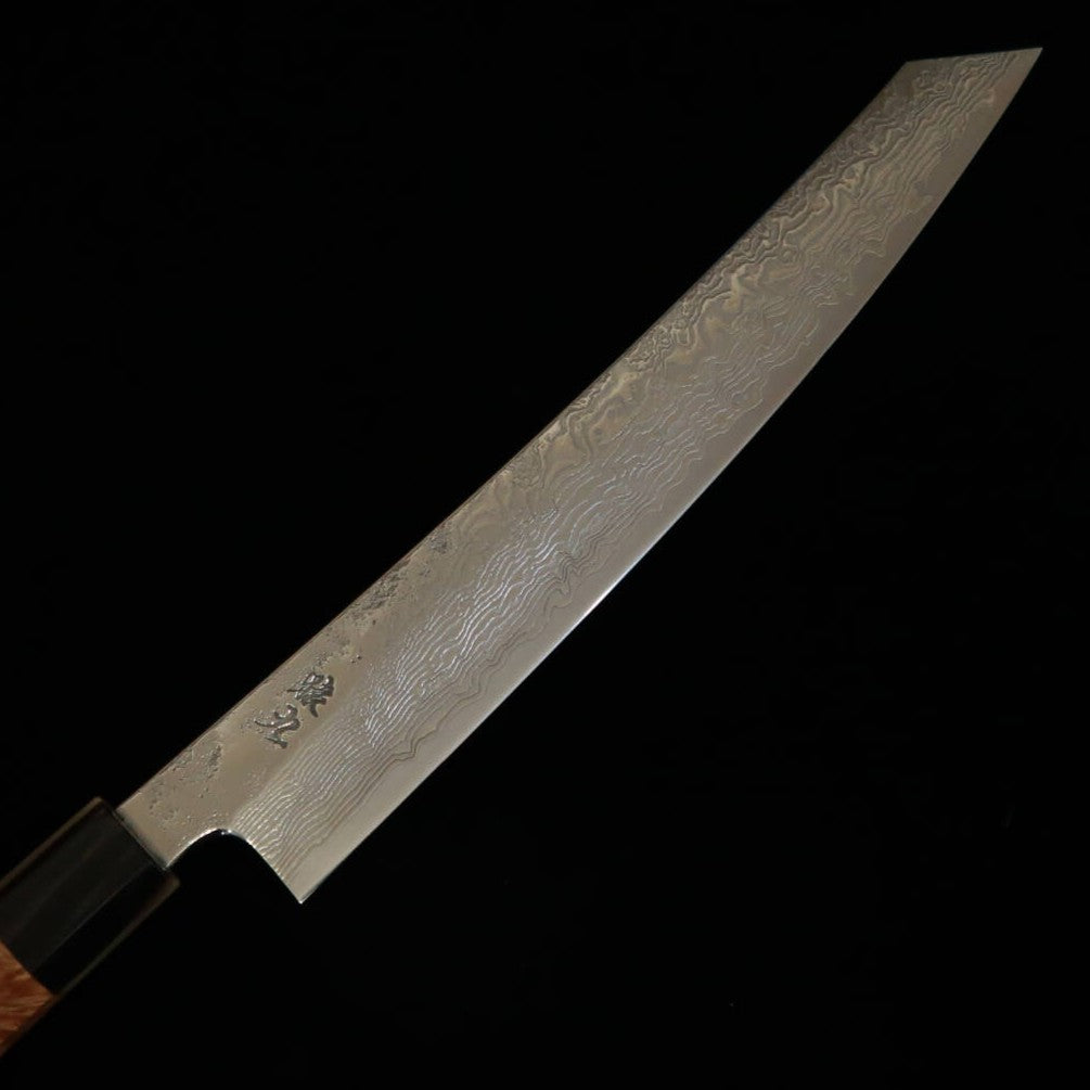 Couteau Kiritsuke Sujihiki Enkyu (270 mm) – Série Homuraguomo, acier SG2 Damas, manche octogonal en loupe de coing et mitre en corne de buffle