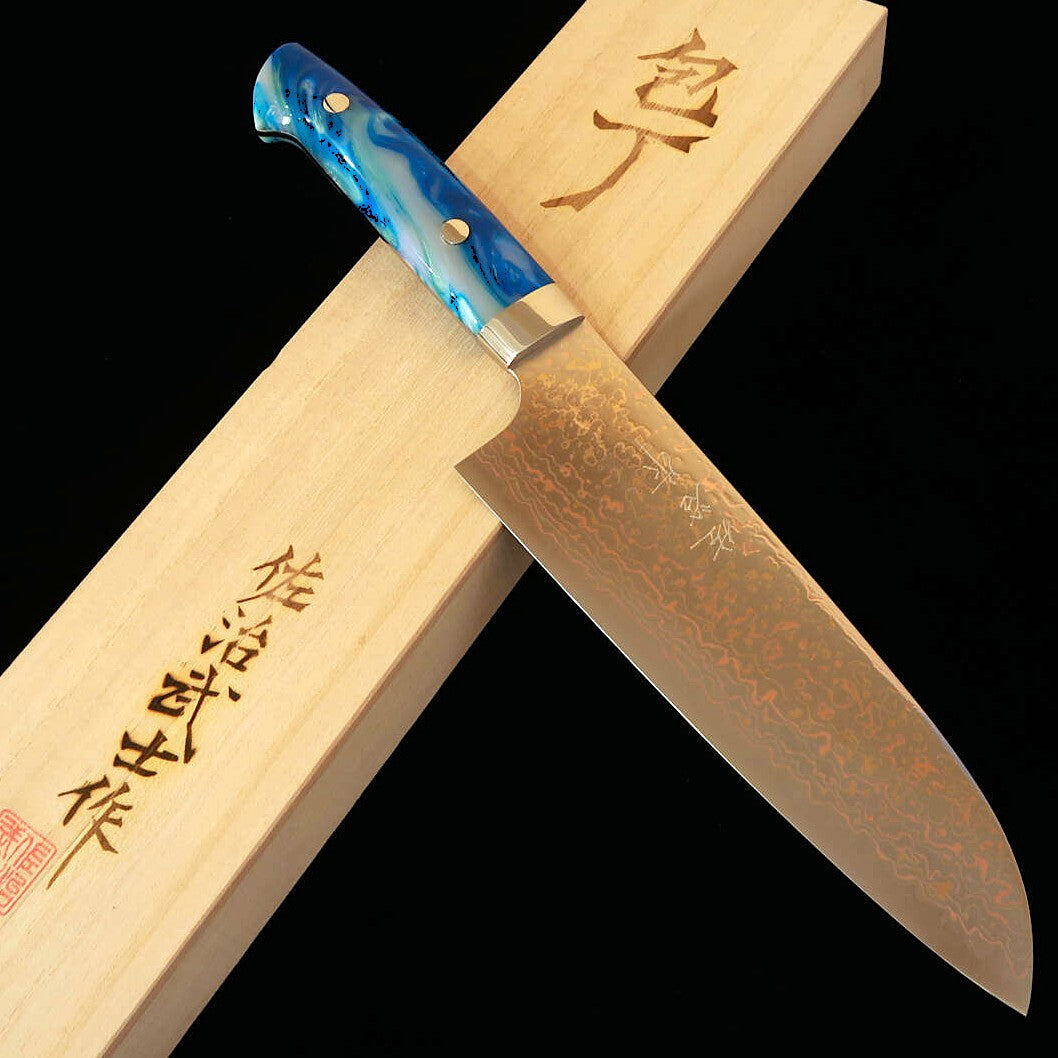 SAJI TAKESHI Santoku VG10 Damasco de color mango acrílico azul (180 mm)