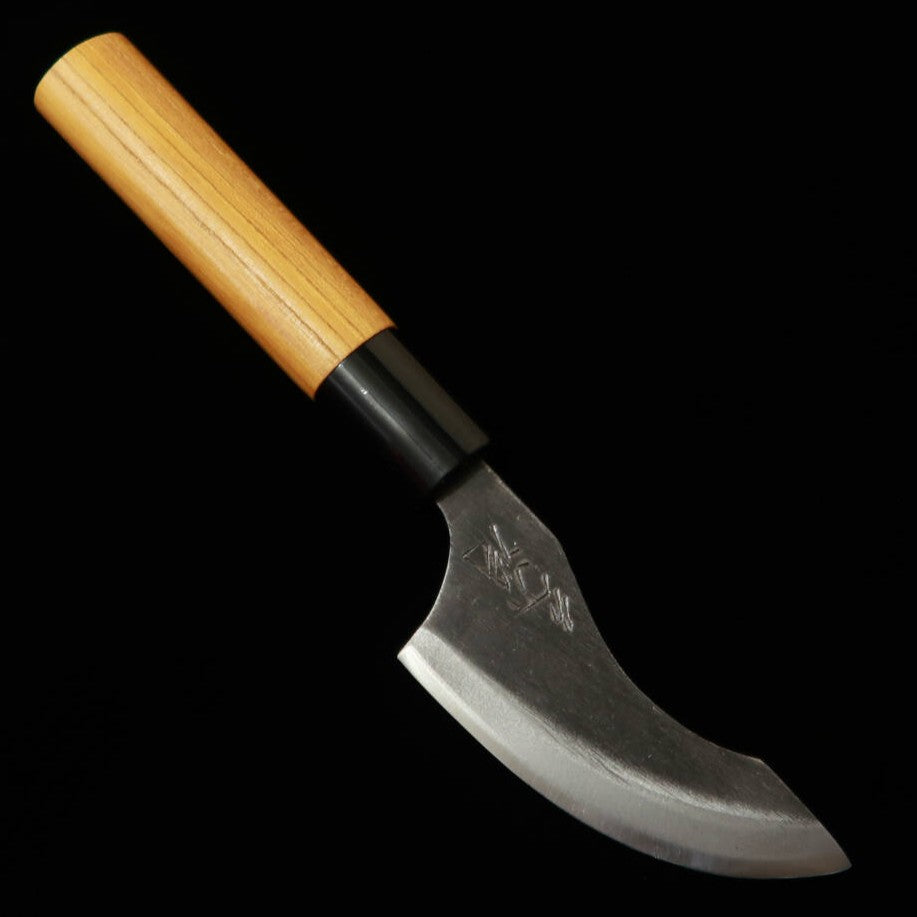 Miura acier bleu n°2, couteau à dépouiller pour sanglier, double tranchant, manche en orme (85 mm)