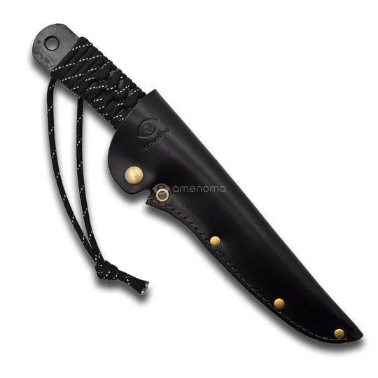 AMENOMA couteau bushcraft « Honjin » acier bleu n°2 noirci avec étui cuir et anneau en D (150 mm)