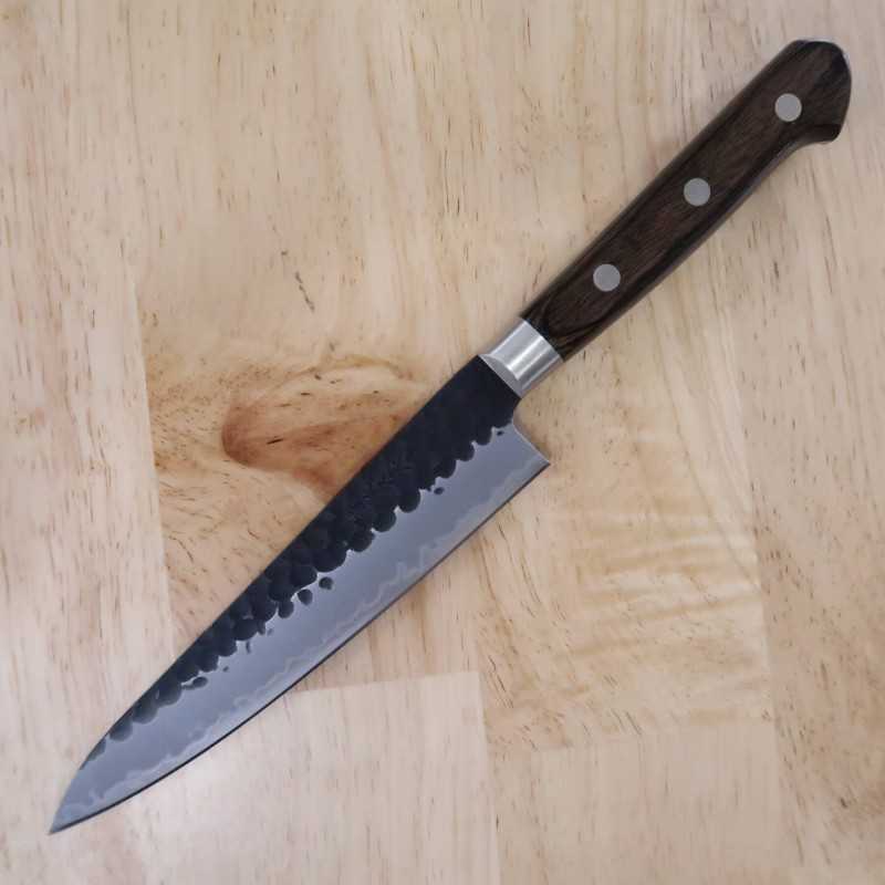 三浦 MIURA 青紙スーパー 鎚目黒打 ペティ 焦茶合板柄 (135/150mm)