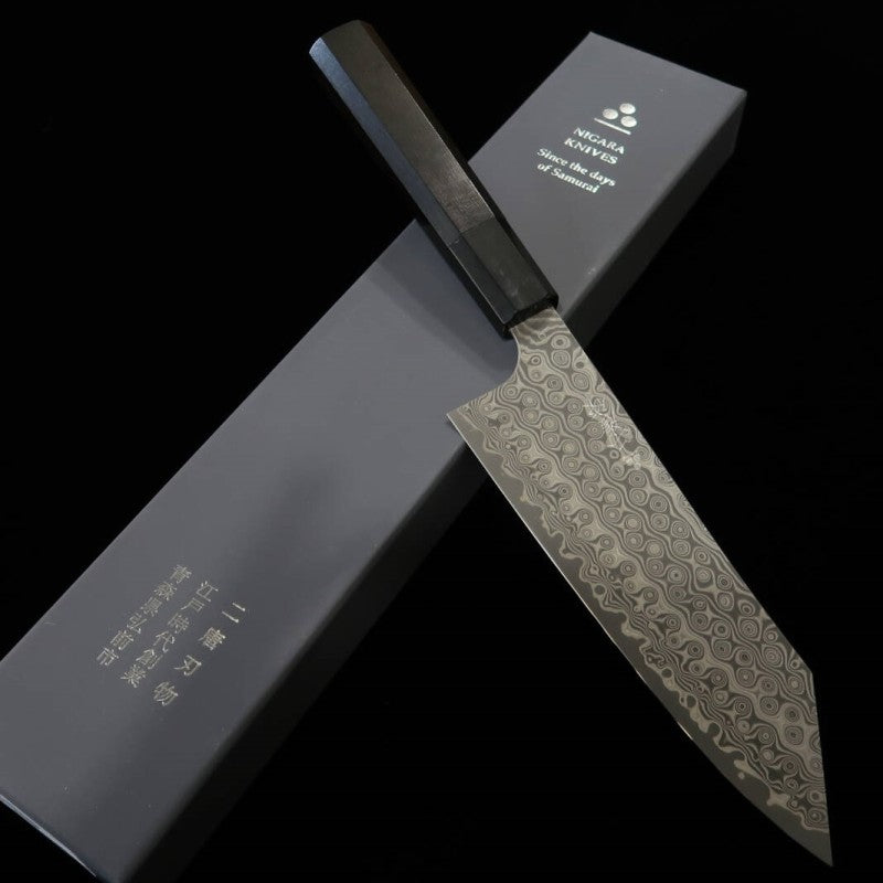 Nigara Hamono NIGARA Bunka SG2 Motif sombre Damas Manche en ébène et corne de buffle (180 mm)