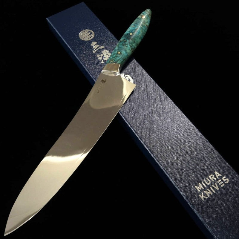 Gyuto Asurah x Miura VG10 Acabamento Espelhado Cabo Personalizado  Verde (240mm) 