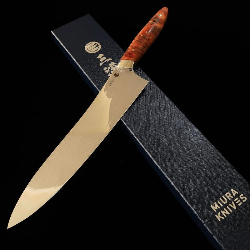 Asurah Knives × MIURA VG10 finition miroir, manche custom orange, Gyuto (240 mm)