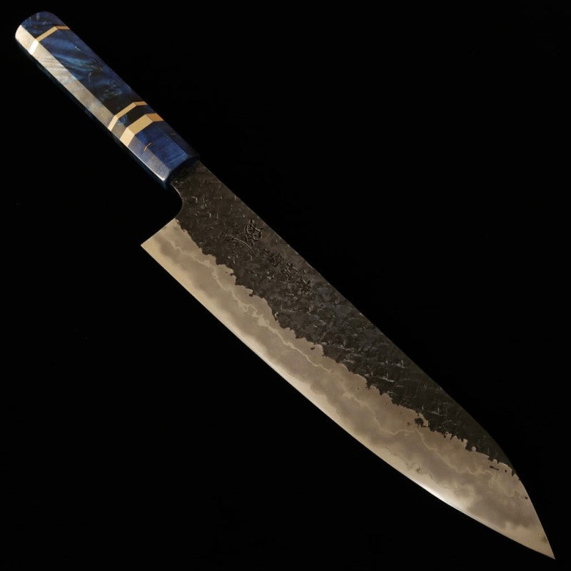 Kisuke【ENN】Forja Manaka Cuchillo Gyuto Acero Azul No.1 Acabado negro Martillado Damasco Honkasumi Pulido Madera estabilizada (240 mm)