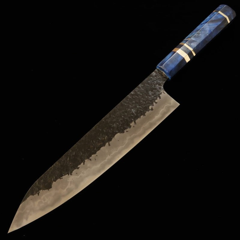 Kisuke【ENN】Forja Manaka Cuchillo Gyuto Acero Azul No.1 Acabado negro Martillado Damasco Honkasumi Pulido Madera estabilizada (240 mm)
