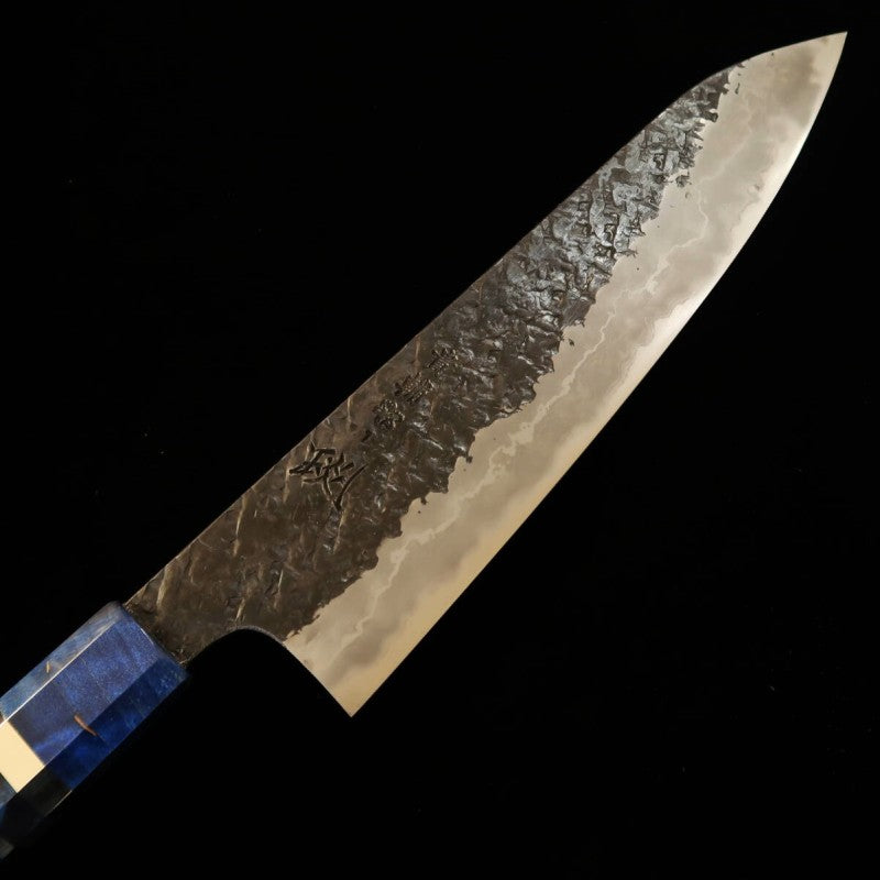 Kisuke【ENN】Forja Manaka Cuchillo Gyuto Acero Azul No.1 Acabado negro Martillado Damasco Honkasumi Pulido Madera estabilizada (240 mm)