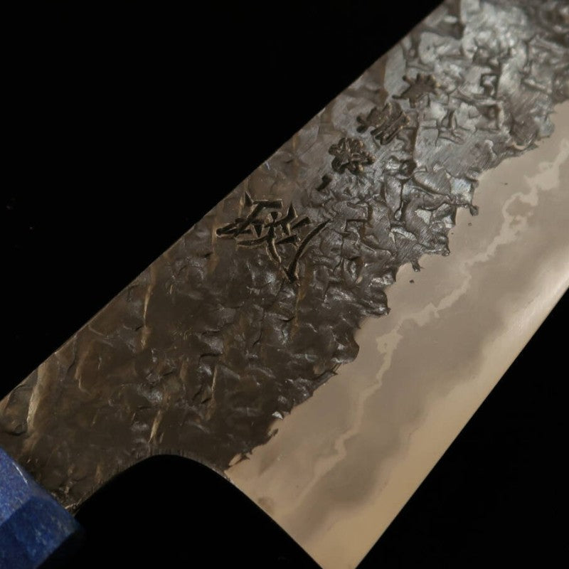 Kisuke【ENN】Forja Manaka Cuchillo Gyuto Acero Azul No.1 Acabado negro Martillado Damasco Honkasumi Pulido Madera estabilizada (240 mm)