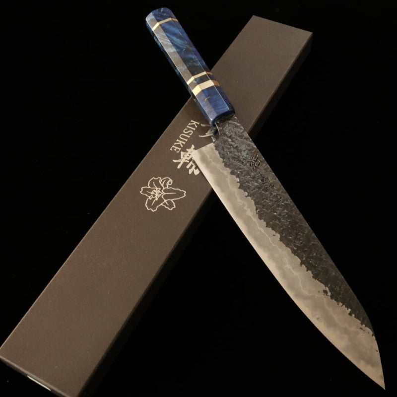 Kisuke KISUKE【Enn-ENN】Manaka Hamono Tanrenjo Gyuto Aogami nº 1 forja negra, martillado damasco, acabado hon-kasumi, madera estabilizada (240 mm)
