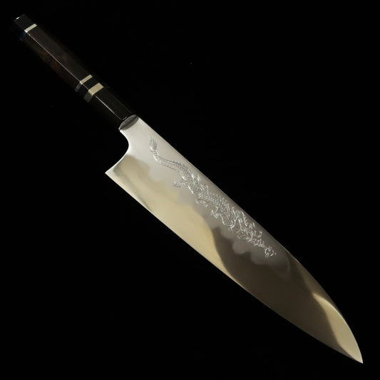 水野鍛練所 MIZUNO 源昭忠 青紙一号 本焼DX 牛刀 鏡面 龍刻印入り 黒檀銀巻柄 (240mm)