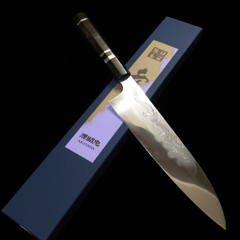 水野鍛練所 MIZUNO 源昭忠 青紙一号 本焼DX 牛刀 鏡面 龍刻印入り 黒檀銀巻柄 (240mm)