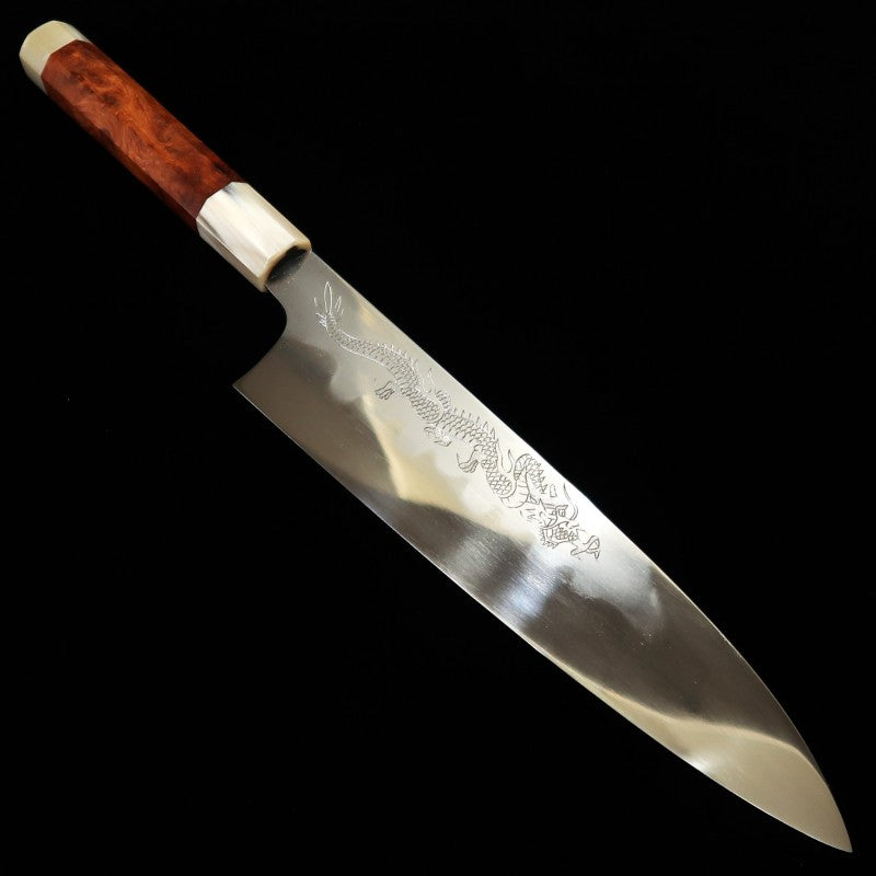 Mizuno Gen Shodai Chuken Acier Aogami n°1 Trempe complète DX Gyuto Finition miroir Gravé dragon Manche octogonal en bubinga (240 mm)
