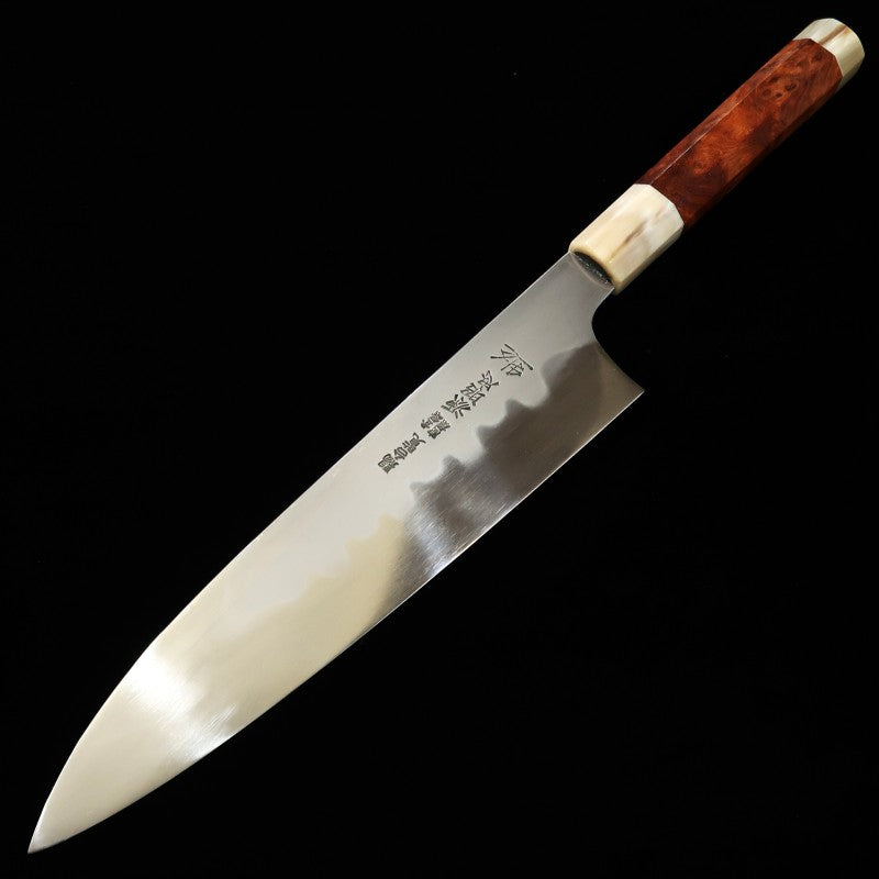 Gyuto MIZUNO Aogami no.1 forjado a mano DX, acabado espejo con grabado de dragón,  mango octogonal de madera de bubinga (240 mm)