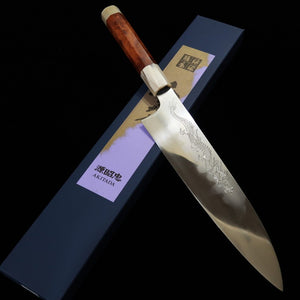 Gyuto MIZUNO Aogami no.1 forjado a mano DX, acabado espejo con grabado de dragón,  mango octogonal de madera de bubinga (240 mm)