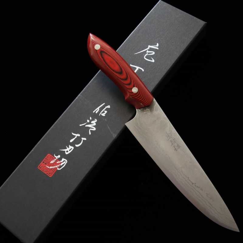Gyuto Kazuo Nomura Shirogami No. 2 Sumi-Nagashi with Red Micarta Handle (180/210mm)