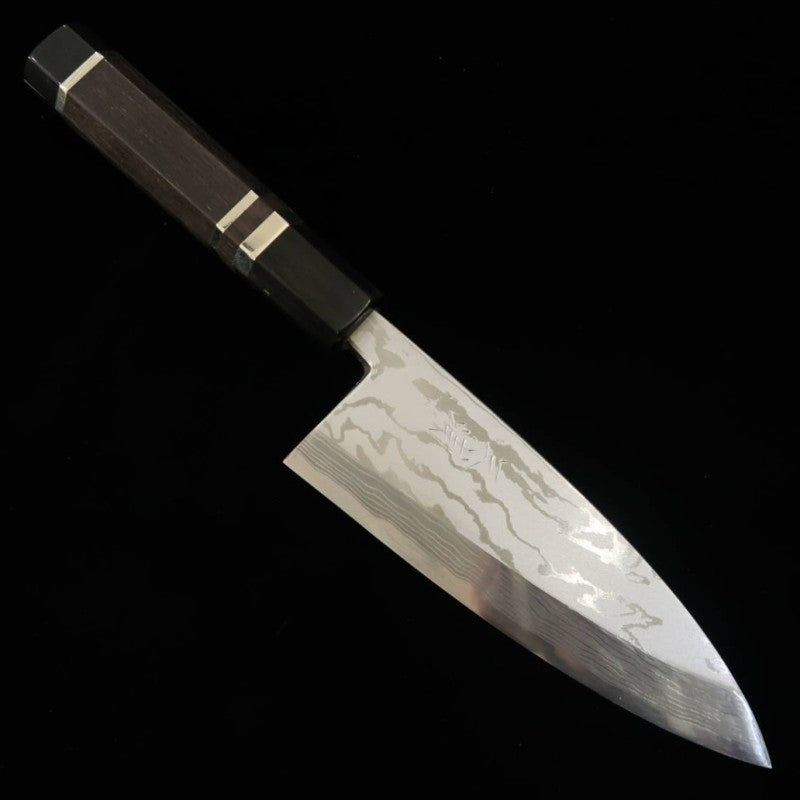 [Outlet - Crack on handle] Miura Deba Houhatsuke, Blue steel No. 2 Damascus ebony silver-wrapped handle (150mm)