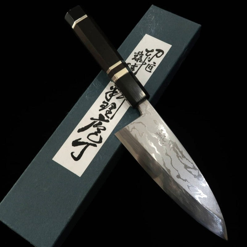 [Outlet - Crack on handle] Miura Deba Houhatsuke, Blue steel No. 2 Damascus ebony silver-wrapped handle (150mm)