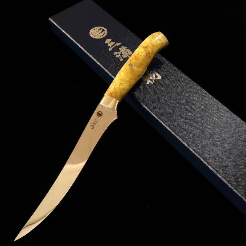 Asurah Knives × Miura SUS420J2 Finition miroir Manche customisé jaune Couteau à filet (160 mm)