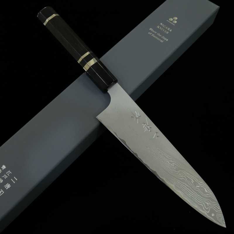 NIGARA Gyuto, acier bleu n°2, Damas, manche en ébène cerclé argent (210 mm)