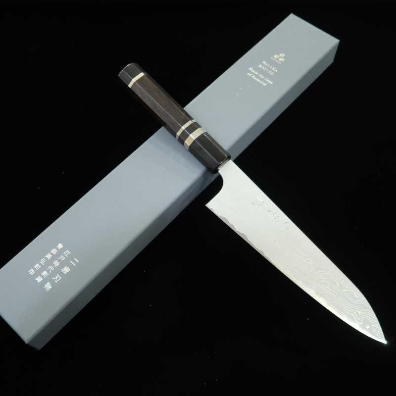 NIGARA Gyuto, acier bleu n°2, Damas, manche en ébène cerclé argent (210 mm)