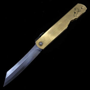 Nagao Kanekoma HIGONOKAMI 【série zodiaque】Higonokami acier bleu sandwich, manche en laiton - Chien - (73 mm)