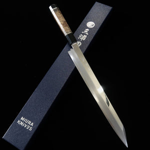 Kansho Yanagiba MIURA OBIDAMA Nakagawa Satoshi, VG10 acabado espejo, mango de madera estabilizada (300mm)