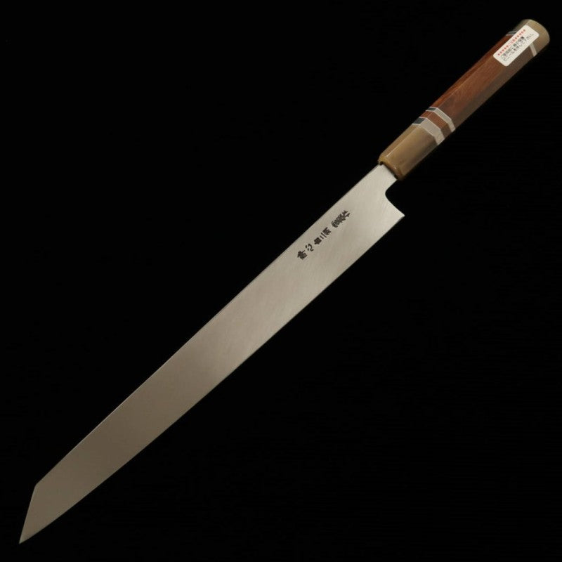 SUISIN Obra de Kenji Togashi Mizuhonyaki Yanagiba tipo espada Acero Shirogami No.2 Mango de snakewood (300 mm)